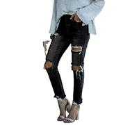 TACSTRUN Jean De Petit Ami Noir pour Femmes Déchiré Pantalon De Denim De La Cheville Maigre en Détresse,Noir,L