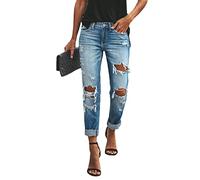 TACSTRUN Jean De Petite Amie De Mi-Hauteur pour Les Femmes, Arête Cru en Détresse Déchirante Jambe Droite,Bleu,XXL
