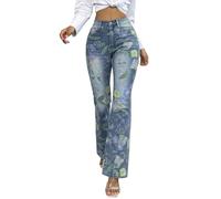 TACSTRUN Jeans Bootcut à imprimé Floral Taille Haute pour Femmes Pantalon en Denim Tendance,Bleu,S