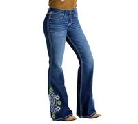 TACSTRUN Jeans Bootcut brodés Taille Haute pour Femmes Pantalon en Denim Tendance avec détails Floraux,Bleu,M