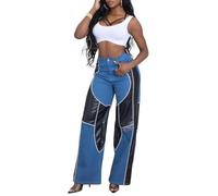 TACSTRUN Jeans de Moto Taille Haute pour Femmes avec Panneaux en Cuir PU Pantalon en Denim Large à la Mode,Bleu,M