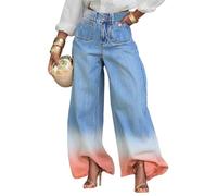 TACSTRUN Jeans Extensibles à Jambe Large Taille Haute pour Femmes Pantalon en Denim dégradé Tendance pour Les Grandes Silhouettes Courbes,Bleu,XXL