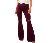 TACSTRUN Jeans Flare Bell Bottom pour Femmes Pantalon en Denim Taille Haute Extensible Déchiré À Ourlet Brut Déchiré,Rouge,M