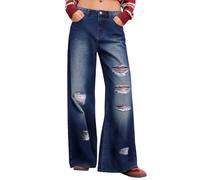 TACSTRUN Jeans Larges en détresse délavé Taille Haute pour Femmes Pantalon en Denim Ample déchiré à la Mode,Bleu,XXL