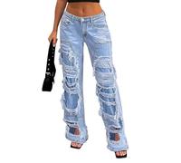 TACSTRUN Jeans Larges en détresse Taille Haute pour Femmes Pantalon en Denim déchiré à la Mode,Bleu,XL