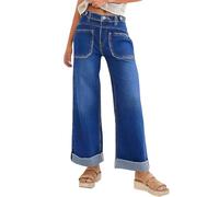TACSTRUN Jeans Larges Extensibles Taille Haute pour Femmes Pantalon en Denim à Revers Tendance,Bleu,XL