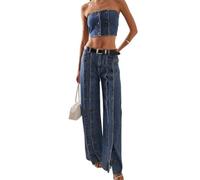 TACSTRUN Jeans Larges Taille Haute pour Femmes avec Boutons décoratifs Pantalon en Denim Tendance Streetwear,Bleu,XL