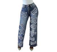 TACSTRUN Jeans Larges Taille Haute pour Femmes avec détails rapiécés Pantalon en Denim Tendance,Bleu,XL