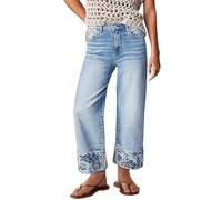TACSTRUN Jeans Vintage Taille Haute Extensible à Jambe Large pour Femmes avec Poignet Floral Pantalon en Denim Tendance,Bleu,XL