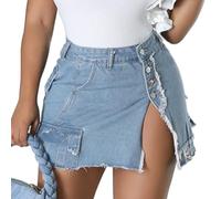 TACSTRUN Jupe en Jean déchirée pour Femmes, Sexy, Moulante, Tendance, Taille Haute, Extensible, Fente pour boîte de Nuit, Mini Jupe en Jean,Bleu,XXL