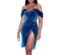 TACSTRUN Robe élégante en Velours Corset pour Femme Une épaule Tube Top Slit Mini A-Line Wrap Hip Short Dress Cocktail Party Dress,Bleu,XL
