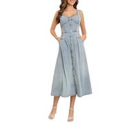 TACSTRUN Robe en Jean pour Femmes Bouton vers Le Bas Stretch sans Manches Midi Swing Jean Robe trapèze avec Poches,Light Blue,M