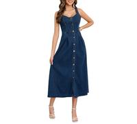 TACSTRUN Robe en Jean pour Femmes Bouton vers Le Bas Stretch sans Manches Midi Swing Jean Robe trapèze avec Poches,Dark Blue,XL