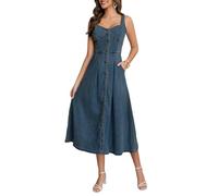TACSTRUN Robe en Jean pour Femmes Bouton vers Le Bas Stretch sans Manches Midi Swing Jean Robe trapèze avec Poches,Bleu,XL