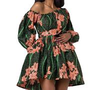 TACSTRUN Robes africaines pour Femmes Manches Longues Hors-épaule élégant Boho imprimé A-Ligne Kaftan Tenue Africaine Jupe Courte,Vert,S