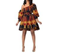 TACSTRUN Robes africaines pour Femmes Manches Longues Hors-épaule élégant Boho imprimé A-Ligne Kaftan Tenue Africaine Jupe Courte,Orange,M