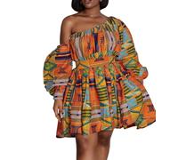 TACSTRUN Robes africaines pour Femmes Manches Longues Hors-épaule élégant Boho imprimé A-Ligne Kaftan Tenue Africaine Jupe Courte,Kaki,L