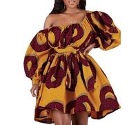 TACSTRUN Robes africaines pour Femmes Manches Longues Hors-épaule élégant Boho imprimé A-Ligne Kaftan Tenue Africaine Jupe Courte,Jaune,L