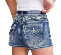 TACSTRUN Short en Jean décontracté pour Femme, Taille mi-Haute, Extensible, Slim, brodé de Fleurs, Mini Short d'été