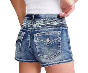 TACSTRUN Short en Jean décontracté pour Femme, Taille mi-Haute, Extensible, Slim, brodé de Fleurs, Mini Short d'été