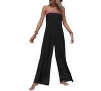 TACSTRUN Une pièce Boho Jumpsuits Taille Haute sans Manches Tube Haut Couleur Unie Splicing Wide Leg Rompers,Noir,XL
