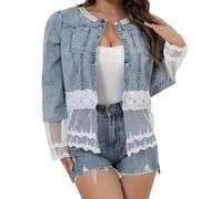 TACSTRUN Veste en Jean Grande Taille pour Femmes Jean Veste en Jean légère à la Mode Veste en Dentelle Courte Douce à boutonner,Bleu,3XL