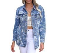 TACSTRUN Veste en Jean pour Femme Jean Léger Tendance Doux Surdimensionné Floral Brodé Veste en Duvet,Bleu,L