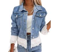 TACSTRUN Veste en Jean pour Femme Jean Veste légère à la Mode Douce Crop Lace Trim Veste boutonnée,Bleu,XXL