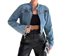 TACSTRUN Veste en Jean pour Femmes Jean léger Tendance Doux Court Fermeture éclair ajusté Blouson aviateur Vintage,Bleu,L