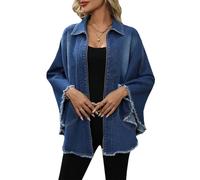 TACSTRUN Veste en Jean pour Femmes Jean Veste Poncho légère à la Mode Douce et surdimensionnée à Franges vieillies,Bleu,S