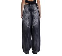 TACSTRUN Vintage Low Rise Y2k Jeans Baggy Stretch Washed Distressed Wings Print Jambe Large Straight Denim Pants,Noir,S