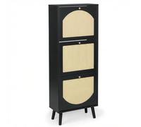 TactFire Meuble à Chaussures étroit, étagère à Chaussures 3 Portes, étagère à Chaussures réglable, Rangement à Chaussures en Bois, Panneau de tiroir en rotin tissé, 54x24x135cm (Noir)