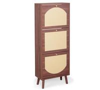 TactFire Meuble à Chaussures étroit, étagère à Chaussures 3 Portes, étagère à Chaussures réglable, Rangement à Chaussures en Bois, Panneau de tiroir en rotin tissé, 54x24x135cm (Marron)