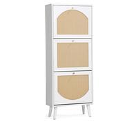 TactFire Meuble à Chaussures étroit, étagère à Chaussures 3 Portes, étagère à Chaussures réglable, Rangement à Chaussures en Bois, Panneau de tiroir en rotin tissé, 54x24x135cm (Blanc)
