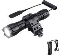 Tactical Rechargeable Led Torch, 1300 Lumens Hunting Lamp Powerful Matte Black 1 Mode Waterproof Torch With Pressure Switch, Rail Holder And Battery Charger
