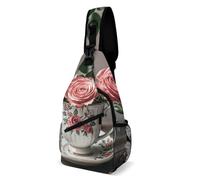 Tactique Sacoche Bandoulière Tasses À Thé avec Roses Style Romantique Et Shabby Réglable Sac De Poitrine Multifonction Sac Bandouliere Homme pour Femme Randonnée Cyclisme 19X39Cm