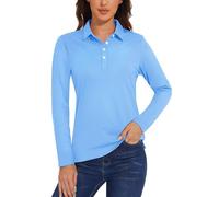 TACVASEN Chemises Polo pour Femmes à Manches Longues Hauts Respirants pour Sports Décontractés T-Shirts Polo Unis pour Golf Bleu Cascade,L