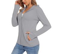 TACVASEN Femmes Veste de Protection Sun Manches Longues Chemises pour Course Sports Top à Capuche Hoodies de UV Chemises de Plage Gris Clair