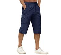 TACVASEN Short 3/4 en coton pour homme - Style décontracté - Capri cargo - Avec poches multiples, bleu marine, 42-44
