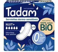 Tadam Serviettes Écologiques Dermo-Sensitives Avec Ailettes Ultra Nuit+ 10 Pièces