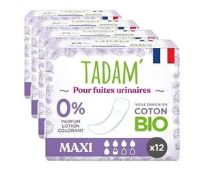TADAM' - Serviettes Fuites Urinaires - Protection Maxi - Enrichi en coton Bio - Sans substances toxiques - Sachet de 12 (Lot de 4)