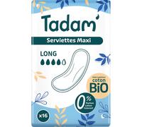 Tadam Serviettes Hygiéniques Dermo-Sensitives Coton Bio Maxi Long 16 Pièces