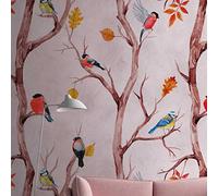 TADESSI Papier peint photo non tissé Impression numérique de style maison de campagne Rose 1,59 x 2,80 m Motif oiseaux Papier peint pour le salon, le couloir, le bureau, la cuisine, les