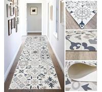 Tadi & Imperio1979 Tapis Vinyle hydraulique en Carreaux réalistes, pour Salon, Couloir, Cuisine et Moquette sur Mesure, Couleur Beige avec Tons Bleu, doré et Orange.