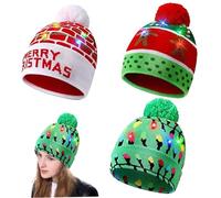 Tadoiooy Bonnet Noël, chapeau de Père Noël, illuminez le chapeau de Noël 3 pcs LED Merry sur le thème du chapeau tricoté doux Hiver Pull de Noël avec des lumières colorées Gardez la tête au chaud