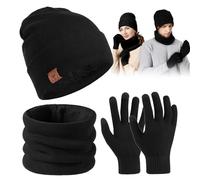 Tadpolez Emble Bonnet éCharpe Gants 3 En 1 Pour Femme Et Homme,Bonnet D’Hiver Chaud Tricoté Avec éCharpe éLastique Et Gants Tactiles,Doublure Polaire Thermique