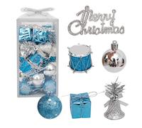 Taeku Boules de Noël incassables - 32 Pcs Décorations Sapin de Noël à Suspendre avec Grelots, Tambours, Boîtes Cadeaux, Textes, Ornements Festifs pour Sapin, Guirlande, Fêtes et Mariage (Bleu)