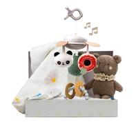 Taf Toys Ensemble de luxe pour nouveau-né - Boîte sensorielle en coton et bambou - Mobile musical à emporter - Ours en peluche et anneau de dentition en silicone