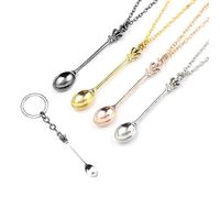TAFACE 4 pièces collier cuillère avec 1 porte-clés, mini breloque cuillère, breloque cuillère cachée, ensemble de collier cuillère à thé pour bal, fête (or, argent, or rose, noir)