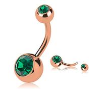 Taffstyle Piercing de nombril en forme de banane avec deux boules en cristal scintillant 1,6 mm x 10 mm x 5 mm Or rose vert foncé